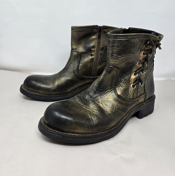 Eric Michael Brennaro Moto Womens Boots Sz 7.5 Dark Gold Metallic Lace Up Detail - Picture 3 of 14
